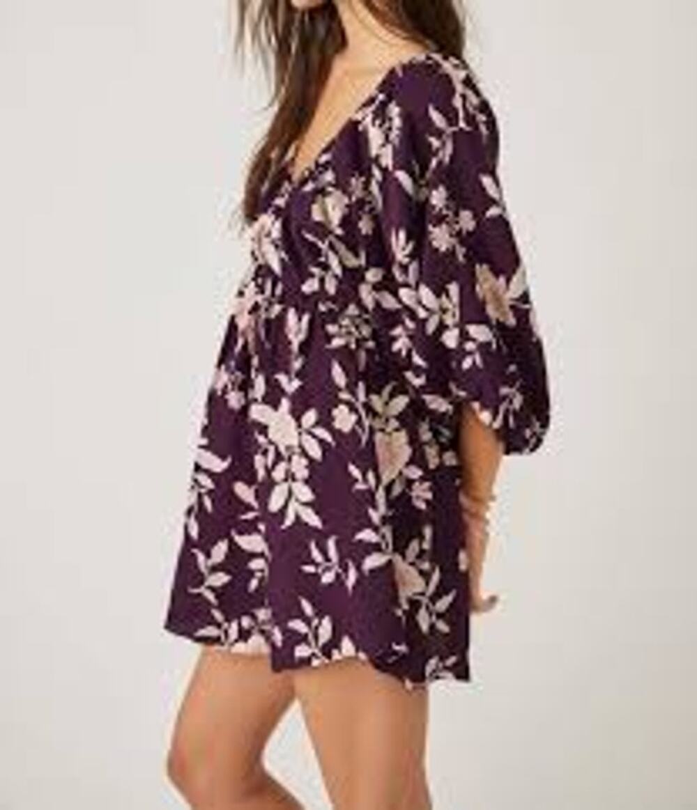 Free People "Portia" Dark Purple Floral Linen Balloon Sleeves VNeck Dress XSmall